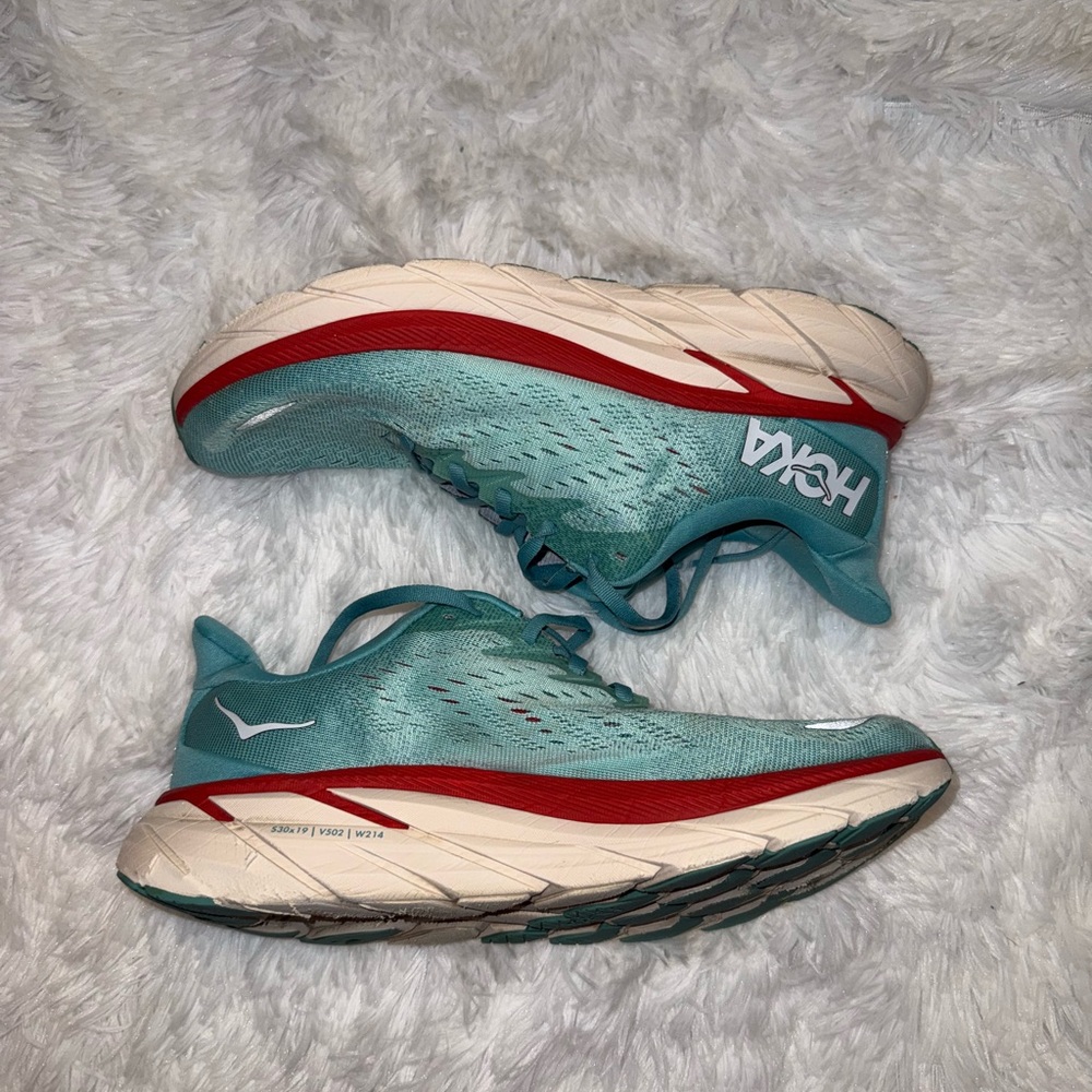 Hoka Teal Aqua Red and White Running Sneakers - Picture 2 of 5
